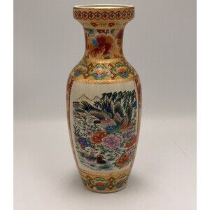 Satsuma Style Ceramic Vase Birds Ducks Floral Gold Moriage Chinoiserie 8”